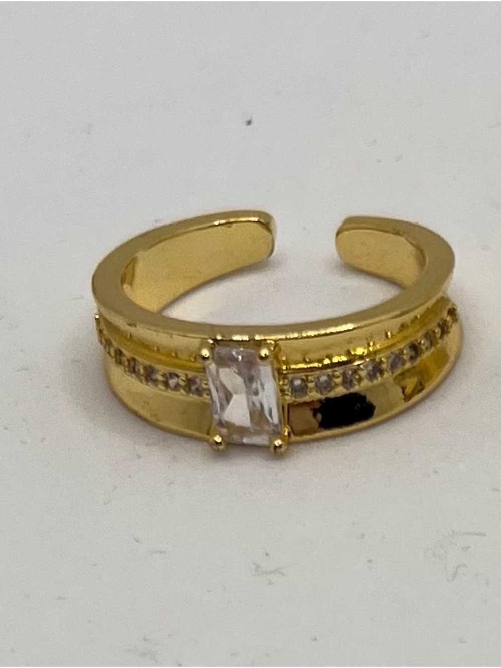 Gold-Plate Open Band Ring with Rectangular Clear Stone
